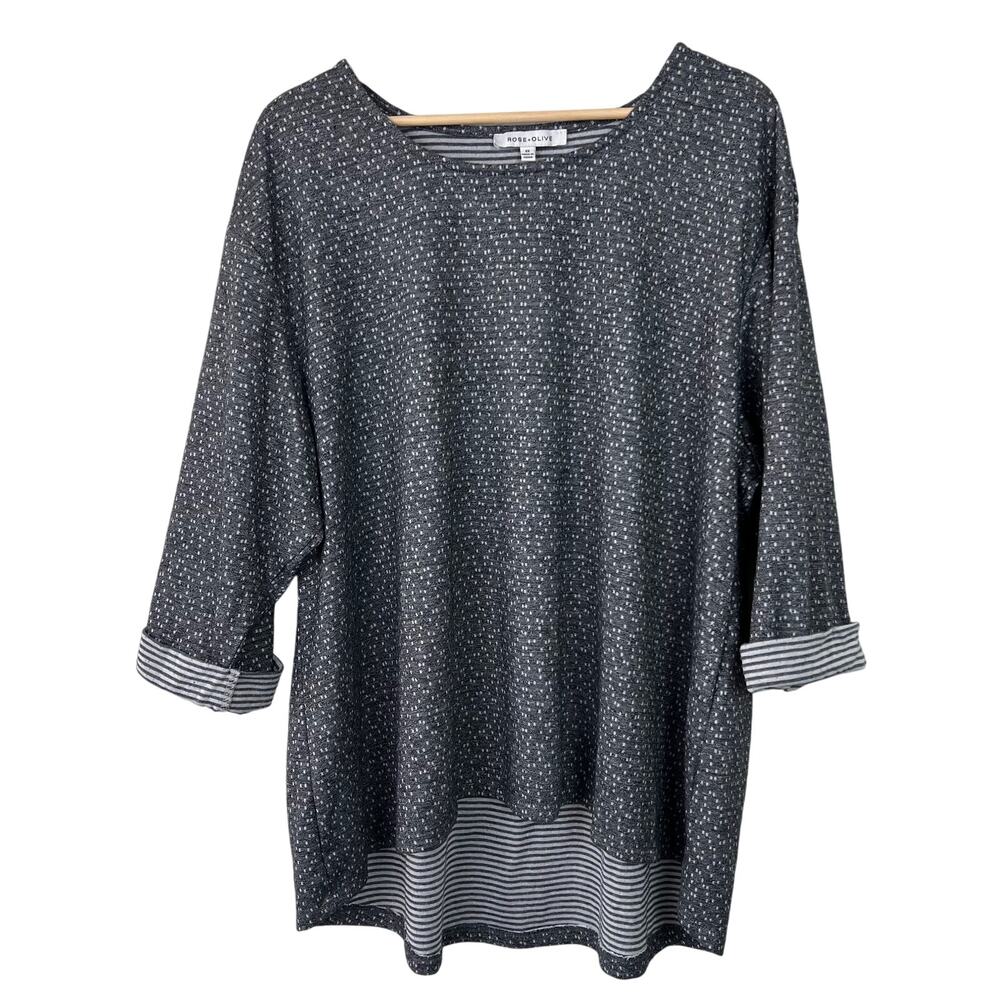 Rose + Olive Women's Plus 3X Gray Dot Top 3/4 Sleeve Contrast Stripe Cuff Soft